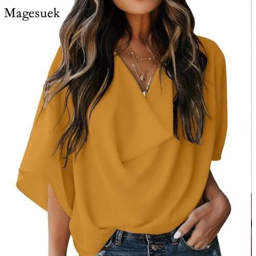 2021 New Fashion Summer Women Chiffon Shirt Solid Batwing Sleeve V-neck Tops Casual Loose Short Sleeve Women Blouse Blusa 14934