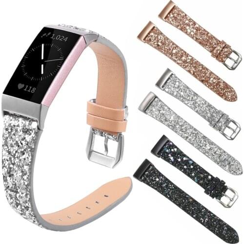 Bling Glitter PU Leather Strap Band For Fitbit Charge 3 4 Smart Watch Belts Luxucy Women Wristbands Adjustable Replacement Strap
