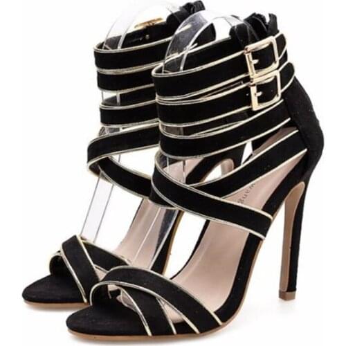 Fashion Thin Heel Sandals Shoes Women Round Toe PU 11CM Thin High Heels Buckle Strap Shallow women shoes size 35-40 black