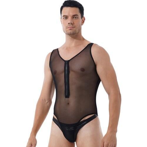 One-piece Sheer Mesh See Through Teddy Bodysuits Men Erotic Lingerie Rompers Underwear Sleeveless Front Zipper High Cut Bodysuit
