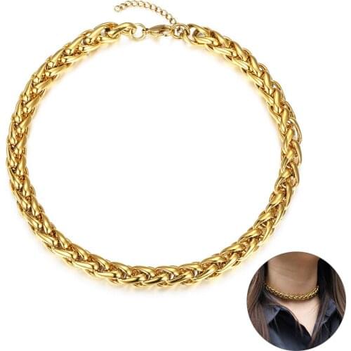 10mm Big Chunky Wheat Chain Choker Statement Necklace Gold Color Stainless Steel Collar for Women Girls Fashion Jewelry DDN177