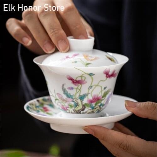 White Porcelain Sancai Gaiwan Ceramic Household Gaiwan Teacup Single Handmade Kung Fu Health-Preserving Tea Gaiwan Tea Set