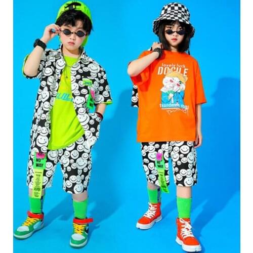 Kids Hip Hop Clothing Street Dance Outfits Short Sleeve Letters Printed Shirts Shorts Boys Girls Drum Jazz Rave Dance Costume