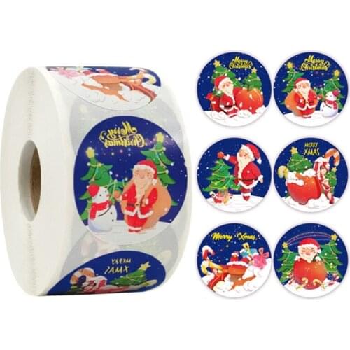 L4MB 500Pcs 1.5 Inch Merry Christmas Round Stickers Roll Cartoon Santa Claus Snowman 6 Designs Adhesive Labels for DIY Craft Box