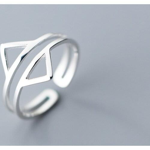 MloveAcc New 100% 925 Sterling Silver Rings Solid Double Layer Triangles Cocktail Ring Sizable Gift Women Girls Lady