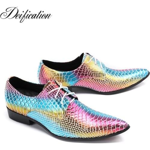 Deification Italian Leather Mens Dress Shoes Pointed Toe Chaussure Homme Luxury Mixed Colors Print Male Formal Party Flats Shoes