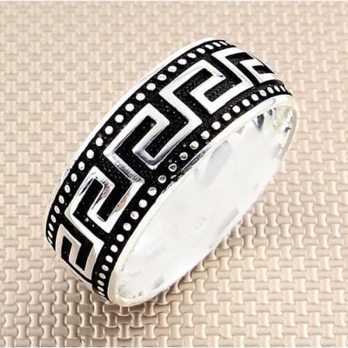 Men Silver Bands Ring With Geometric Motif Wedding Ring Engagement Silver Spinner Ring Made in Turkey Solid 925 Sterling Silver