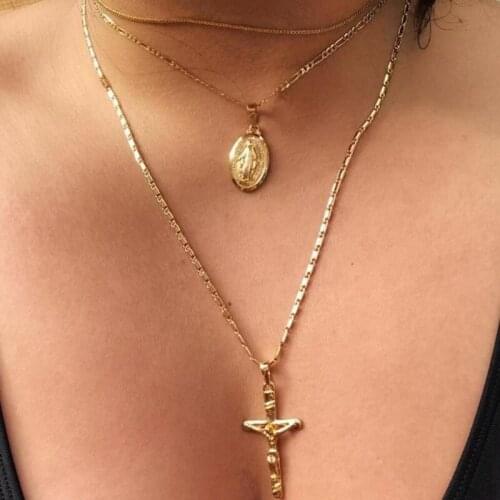 HebeDeer Necklaces Jewelry Lovers Virgin Mary Cross Girls Yellow Gold Color Bohemia Stainless Steel Pendant Necklace Chain Women