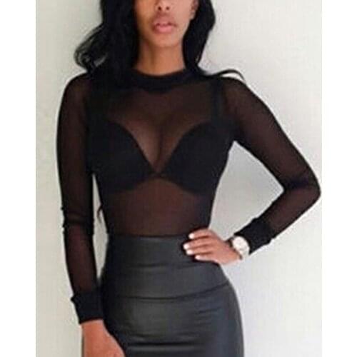 Sexy Women T Shirt See Through Transparent Mesh Tops Long Sleeve Sheer Slim Ladies Turtleneck T-Shirt Tees For Female
