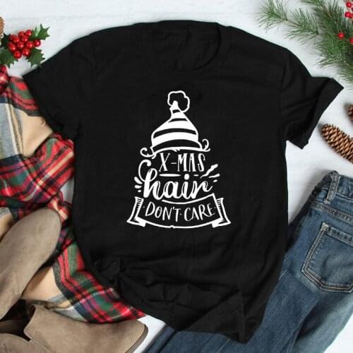 X-mas Hair Don't Care T-shirt Funny Women Christmas Gift Tshirt Cute Winter Short Sleeve Graphic New Year Holidays Top Tee Shirt