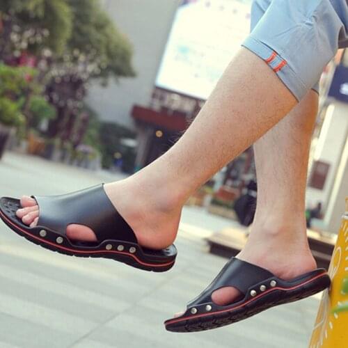 Mens Slippers Outdoor Summer Genuine Leather Slides for Men Couple Non-slip Women Home Fashion Casual Shoes Large Size 47 48