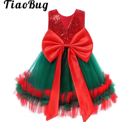 TiaoBug Girls Princess Dancing Dress Shiny Sequins Ruffled Christmas Costume Stitching Bow-knot Clothing for Party Cosplay