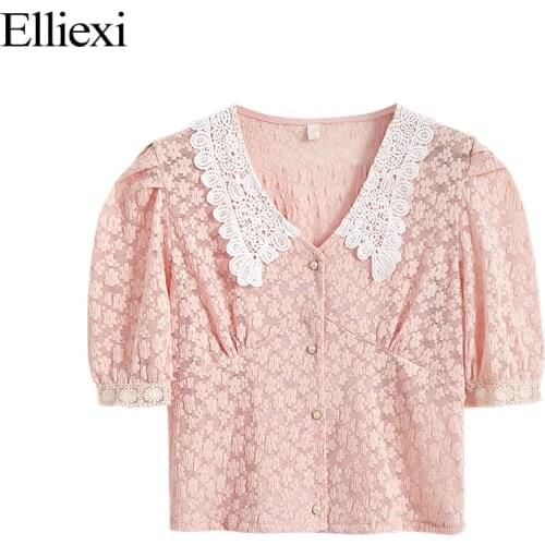 Elliexi French Lace Tops Peter Pan Collar Short Puff Sleeve Summer Blouse Women Tops Fashion Beading Hollow Shirt Clothes Blusas