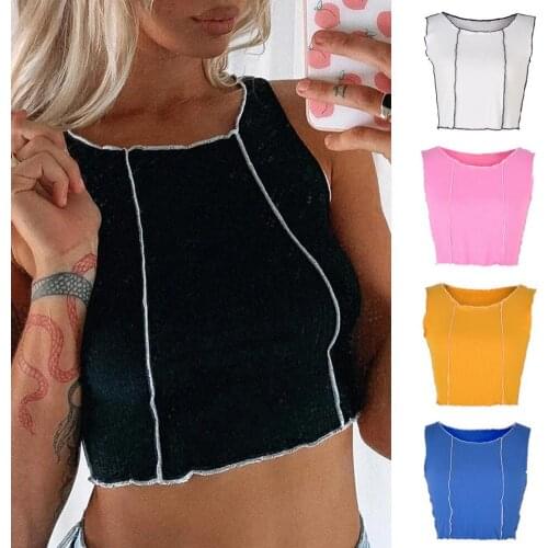 Crop Top Contrast Lace-Up Midriff Crop Tops Sexy Bodycon Crop Top Color Sleeveless Women Patchwork Round Neck Camisole for Party