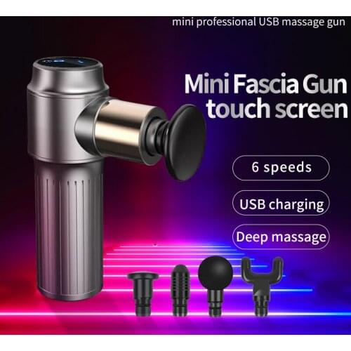 USB 4 Heads 6 Speed Mini Fascia Gun LCD Touch Screen Display Massage Gun Gear Deep Muscle Massager Gun Body Tissue Percussion