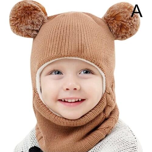 Knitted Acrylic Winter Balaclava Beanie Hat Kids Child Girls Boys Outdoor Ring Collar Face Cover Double Ear Hairballs Warm Cap