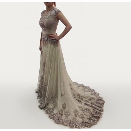 Wowbridal Elegant Arabic Long Evening Dresses 2021 Short Sleeves Abaya Dubai Kaftan Beaded Appliques Lace Evening Dress