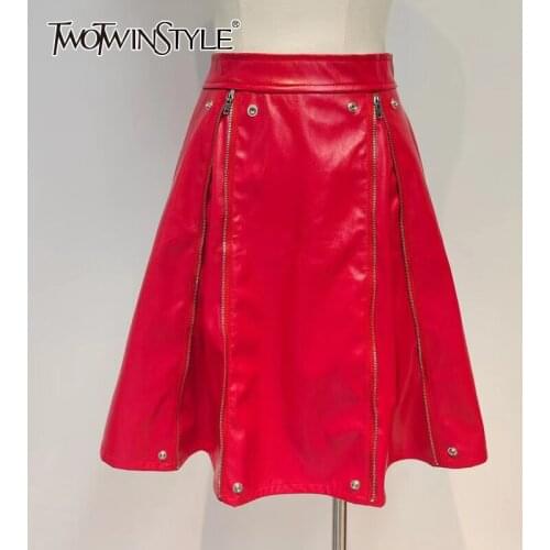 TWOTWINSTYLE Casual PU Patchwork Zipper Skirts For Female High Waist Mini Fold Pleated Womens Skirt Summer 2021 Fashion Clothes