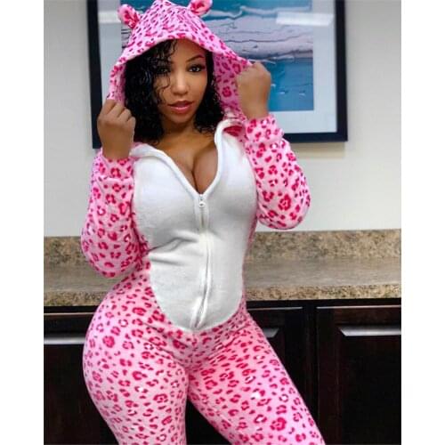 Women Fashion Winter Warm Clothes Sexy Hooded Tail Sleepwear Cosplay Costume Leopard One-piece Suit for Party Stage Performance