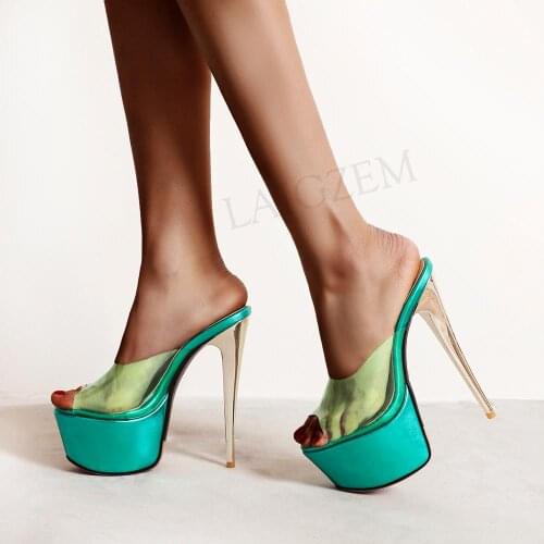 BERZIMER Women High Heel Sandals Clear PVC 16CM Slides Platform Pumps Zapatos Mules Party Shoes Woman Large Size 39 45 47 50