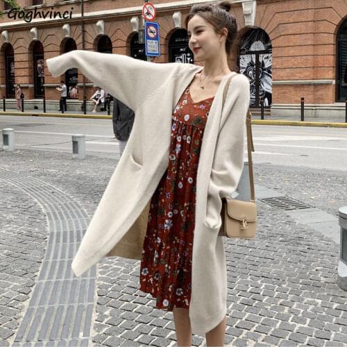 Cardigan Women Long Open Stitch V-neck Elegant Casual Solid All-match Womens Outwear Cardigans Sweater Ulzzang Soft Chic Loose