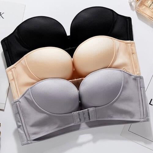 Women Sexy Strapless Front Buckle Lift Bra Wireless Non-Slip Invisible Push-Up Bandeau Half Cup Underwear Plus Size