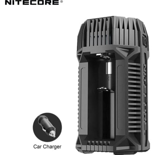 NITECORE V2 6A 2-Channel In-Car Speedy Battery Charger with 12V Lighter Adapter and USB Ports for 18650 RCR123A 17650 14500 AA