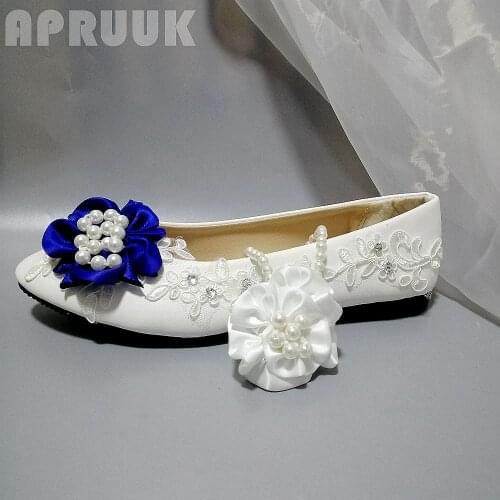 2020 New plus size flats shoes woman handmade royal blue white flower pearls ankle beading bracelet sweet girl dancing flats