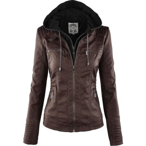 AECU Womens Hooded Faux Leather Jacket With Zips Coats And Jackets Women Winter Jacket For Female Winter Fashion Coat
