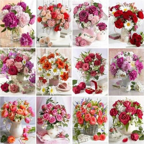 5D DIY Diamond Painting Rose Flower Diamond Embroidery Vase Cross Stitch Rhinestone Mosaic Picture Pink Home Decoration Art