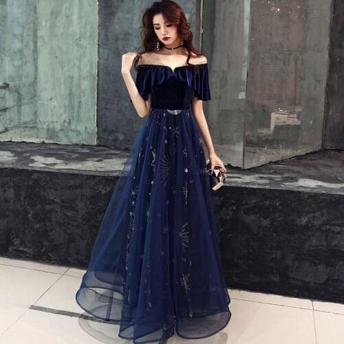 Velvet Navy Blue Young Lady Evening Party Dress Sequins Beads Luxury Qipao A-Line Cheongsam Maxi Dress Vestidos De Festa