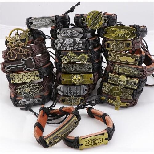 Wholesale Bulk Lots 50pcs Handmade Cuff Metal Leather Bracelets For Men Women Jewelry Mix Style