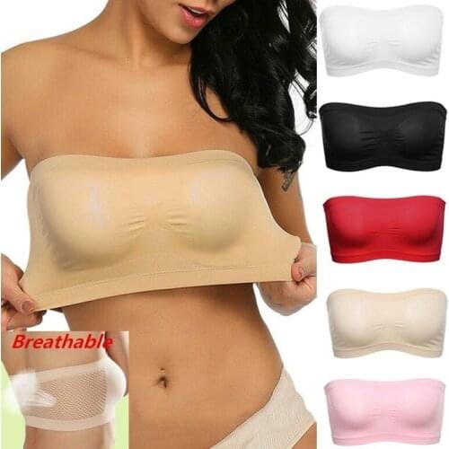 Womens Seamless Bra Lady Sexy Strapless Push Up Crop Bandeau Underwear Tube Top Bra Solid Red Elastic Bralette Lingerie