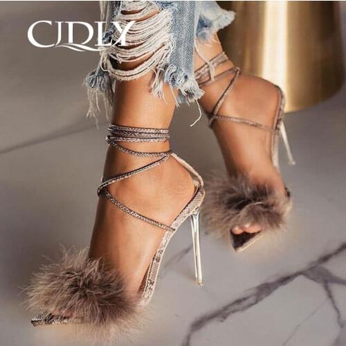 CJDLY Sexy Feather Women Sandals Pointed Toe Snake Print Ankle Strap High Heels Summer Footwear Shoes For Women Plus Size 41