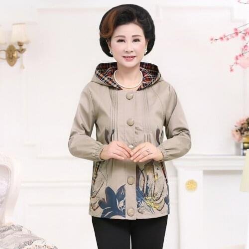 Elegant middle-aged womens spring and autumn new loose large size printed long-sleeved printed hooded jacket