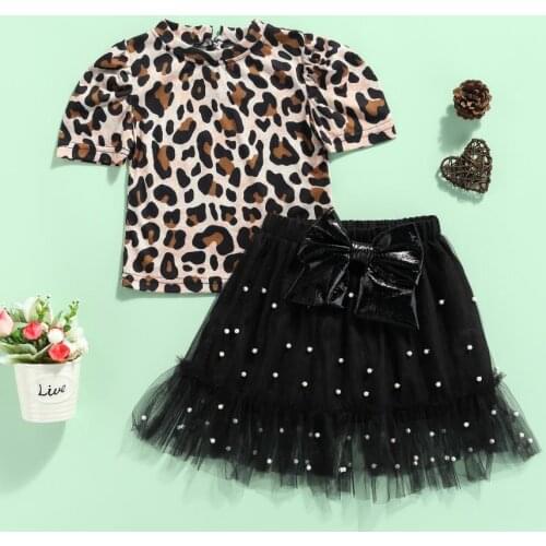 2PCS Set Toddler Girls Summer Clothes Short Sleeve Leopard Print T-Shirts Pearl Tutu Skirt Set Childrens Cotume Sets