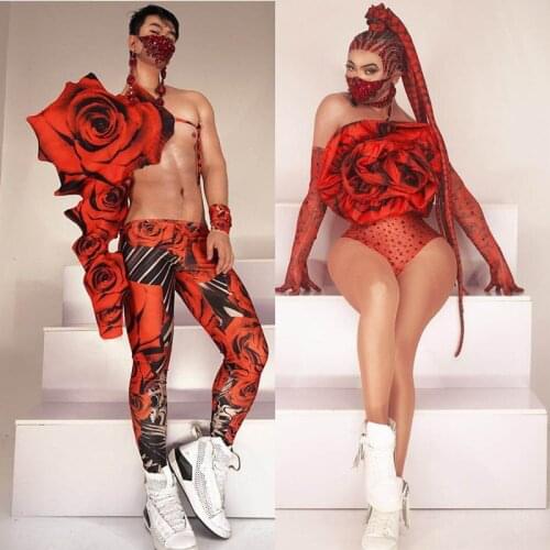 Red Big Rose Bodysuit Rhinestones Gloves Dance Outfit Festival Party Show Stage Wear Bar Nightclub Sexy DJ Singer Dance Costume