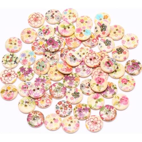 100pcs Shabby Chic Flowers Florals Printed Wood Buttons 15mm 2 Holes Natural Round DIY Button Embellishments