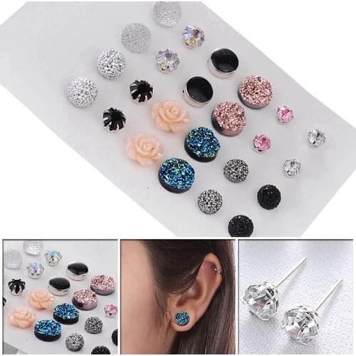 Fashion 12 Pair/Set Women Rainbow Crystal Zircon Stud Earrings For Women Piercing Metal Ball Flower Earrings Jewelry