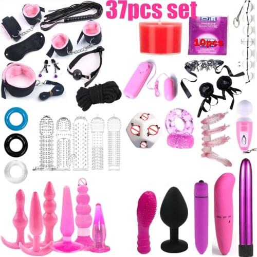 37pcs set Erotic Sex Toys Gag Collar Whip Sex Handcuffs Nipple Clamps Nylon BDSM Bondage Set For Couples Women Anal Butt Plug