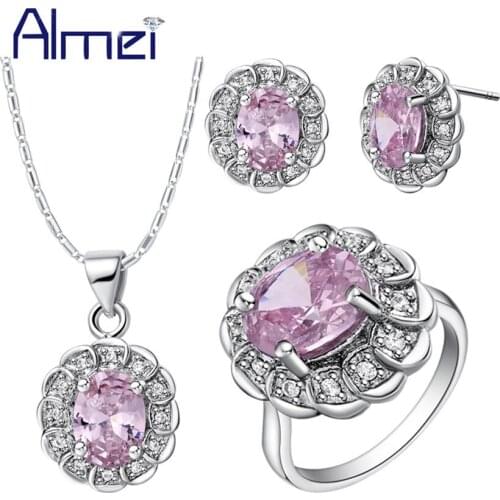 Almei Crystal Jewelry Sets Silver African Beads Jewellery Set Parure Bijoux Femme Bridal CZ Zircon Joyeria Bijouterie T538