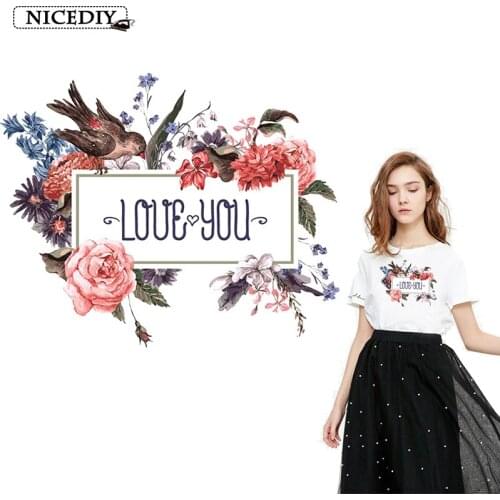 Nicediy Flower Love Letter Patch Heat Transfer Vinyl Iron On Transfer For Clothes Fashion Clothing Stickers Garment Accessories