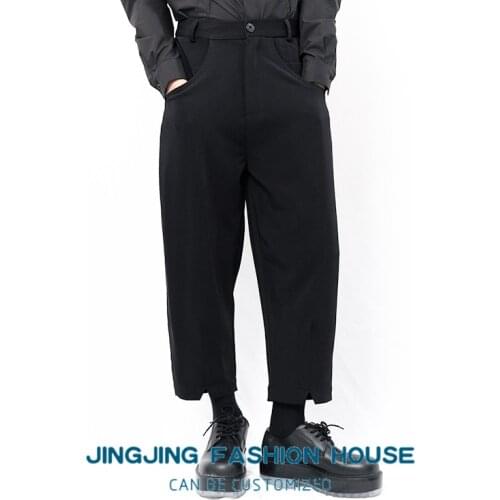 S-6XL!!2021 new mens spring and autumn casual pants nine - point trouser mouth split black Harun pants