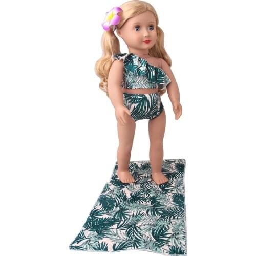 18 Inch American Doll Girls Clothes Dark Green Bathing + Print Blanket Dress Baby Toys Swimwear Fit 43 Cm Boy Dolls c956