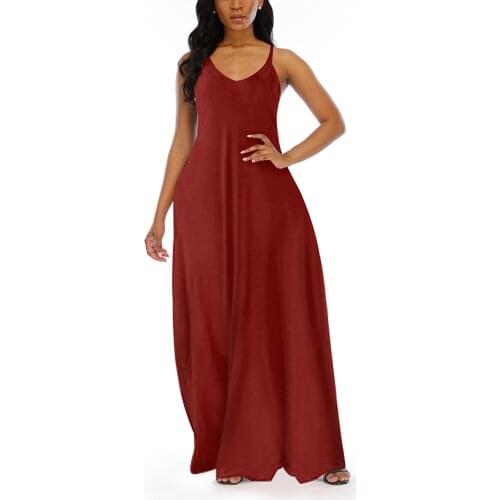 Womens Summer Maxi Dress Round Neck Spaghetti Strap Loose Slimming Suspender Ladies Dress Solid Color Female Vestidos Dress D30