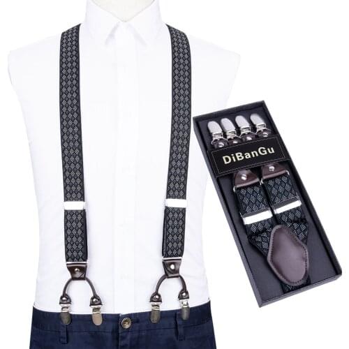 Fashion Suspenders Genuine Leather 6 Clips Brace Male Vintage Casual Wedding Party Trousers Men Plaid Elastic Suspender DiBanGu