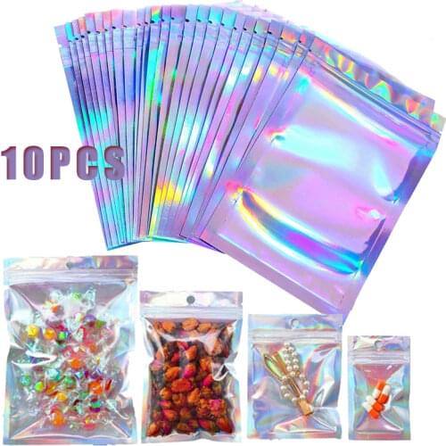 10Pcs Iridescent Zip lock Bags Pouches Cosmetic Plastic Laser Packaging Bags Holographic Makeup Bags Aluminum Foil Zip Lock Bags