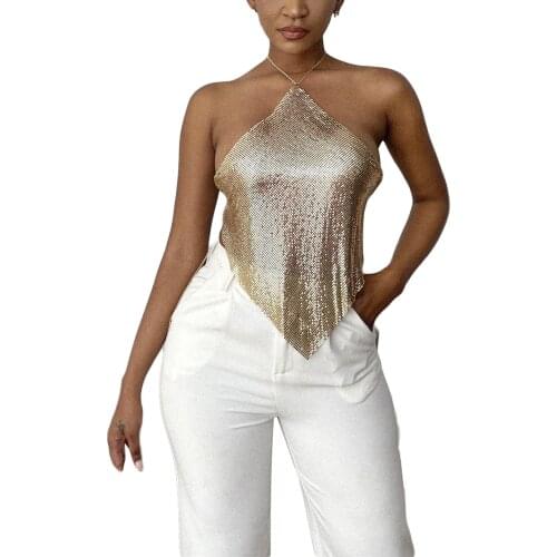 Sexy Ladies Sequins Halter Camisole Tops 2021 Fashion Women Sleeveless Backless Tank Top Club Party Elegant Crop Top