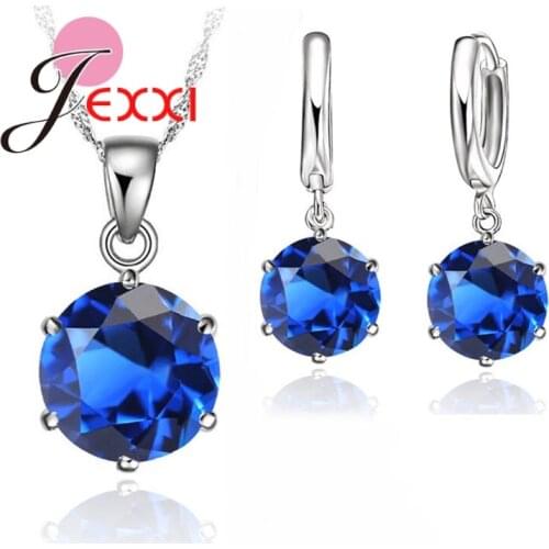 Woman 925 Sterling Silver 8MM Jewelry Sets Cubic Zircon Crystal Lever Back Earrings Pendant Necklace Nice Christmas Gifts