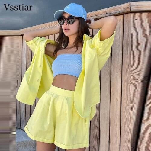 Vsstiar Fashion Two Piece Shorts Sets Women Suit Casual Tracksuit Loungewear Short Sleeve Button Up Shirt Top And Mini Shorts
